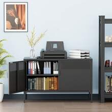 Black Wide Metal Locker Storage Cabinet, 2 Door Accent Cabinet For Home And Office, 2 Tier Low Metal Cabinet With Doors And Shelf, Multipurpose TV Stand - 黑色 - 查看 2