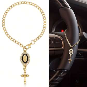 Steering Wheel Rosary Charm With Cross Pendant - Catholic Religious Car Suitable For Vehicles, Rearview Mirror Decor & Driving Protection Charm