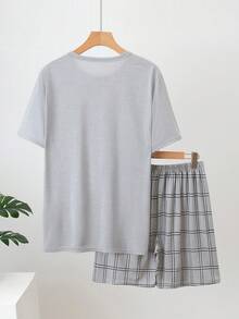 男士轻薄睡衣套装（两件套），短袖短裤，格子条纹短袖短裤休闲家居服套装