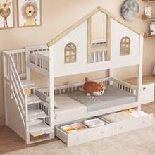 Bunk Bed, Children's Bed, With Contrasting Safety Rail, With Window, Two Drawers With Casters, Stairs With 4 Storage Compartments, Pine+MDF, White+Natural, 90x200cm - White - View 3