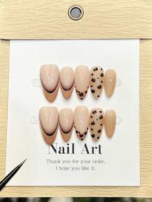10pcs Handmade Nail Stickers, Almond Shape Nails, Medium Size, Soft Nude Pink, Brown French Tip, Black Ombre, Leopard Print, Chic & Elegant Minimalist Autumn Nails, Autumn/Winter Nail Stickers, Holiday Fake Nails, Suitable For Party, Daily Wear, Beach & Tropical Vacation, DIY Nails, Gift For Women & Girls - Brown - View 9