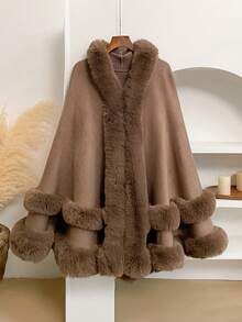 一件优雅纯色仿兔毛领连帽针织斗篷披肩，时尚百搭，加厚保暖宽松开衫外套，适合日常穿着，秋冬季节皆宜。 - 棕色 - 查看 5