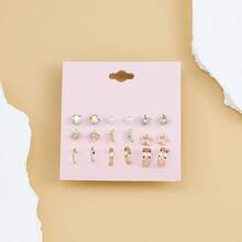 9对合金水晶珍珠月亮星星U形耳环套装，优雅独特设计，女士耳环 - 彩色 - 查看 7