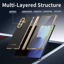VIETAO 電鍍材質人造皮革全包覆保護手機殼，適用於 Galaxy Z Fold 7 6 5 4 8 Ultra Fold7 Fold6 Fold5 Fold4，附鋼化玻璃螢幕保護膜手機殼 - 黑色 - 查看 8