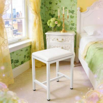 White Cushioned Dressing Table Metal Stool Seating Bedroom Furniture Chair Stool
