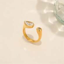 VKHK 1pc Luxury 18K Gold Plated Stainless Steel Sparkling Zirconia Water Drop Decor Single Ring, Suitable For Women Wedding Wear & Gift - Diamond Ring - View 3