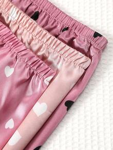 Women's Heart Print Silk Short Sleeve Pajama Set, Sleepwear & Loungewear - Multicolor - View 7