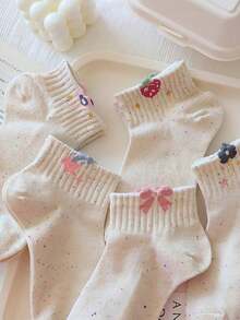 4 Pairs Women's White Ankle Socks With Floral And Bow Embroidery, Striped, Moisture-Wicking And Comfortable, Suitable For Spring And Summer, Random Colors