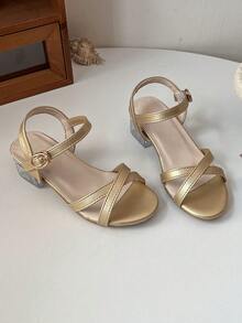 Sandalias de tacón alto elegantes para niñas, tallas 26-36 | Tacón grueso transparente y correa para el tobillo | Zapatos metálicos multicolor, adecuados para niña de las flores, comunión y ocasiones formales - Dorado - Ver 9