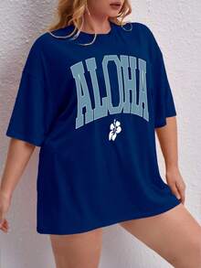 Oversized Printed Aloha Flower T-Shirt, Summer/Spring Short Sleeve Blouse, Lightweight Gym Wear - Royal Blue - View 1