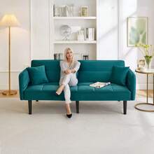 Adjustable 2-In-1 Sofa Bed – Two-Seater With Velvet Upholstery, Folding Armrests And A Sleeping Function, Ideal For Small Spaces - Teal Blue - View 3