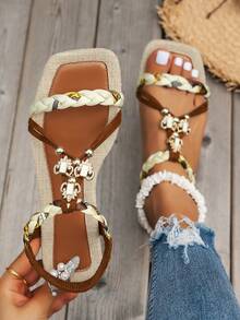 WRCVS 米色女士凉鞋，夏季女士平底凉鞋，编织平底鞋，轻便防滑，沙滩复古花卉图案随机手工串珠复古户外凉鞋 - 棕色 - 查看 5