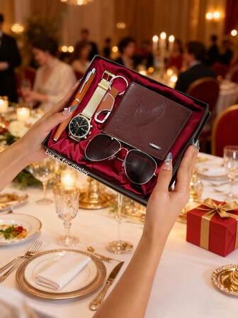 Men's Watch Set - Classic Eyeglasses + Stylish Wallet + Wristwatch + Business Pen + Keychain, Essential Gift For Christmas, Anniversary And More