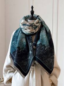 1pc Elegant Oil Painting Landscape Pattern Jacquard Warm Scarf For Women, Suitable For Air-Conditioned Rooms, Fashion & Versatile Neck Warmer For Autumn/Winter