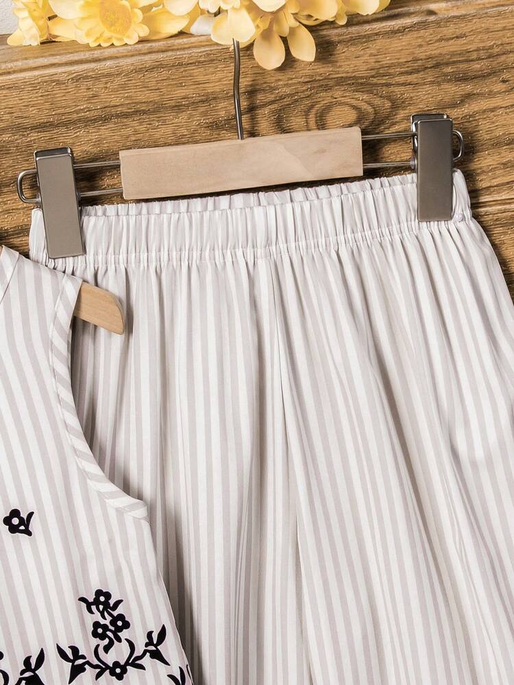Young Girl' Retro Striped Print Sleeveless Outfit, Vintage Striped Design With Delicate Embroidered Hem, Sleeveless Top + Wide Leg Pants, Comfortable And Stylish, Suitable For Daily Wear, Vacation, Family Gathering, Spring/Summer - Beige - View 9