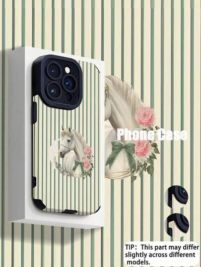 1pc Minimalist Floral & Horse Striped Faux Leather Texture Anti-Slip Anti-Drop Soft Protective Phone Case, Compatible With Apple And Phones (17/17AIR/17PRO/17PROMAX)