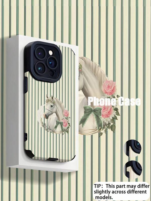 1pc Minimalist Floral & Horse Striped Faux Leather Texture Anti-Slip Anti-Drop Soft Protective Phone Case, Compatible With Apple And Phones (17/17AIR/17PRO/17PROMAX)