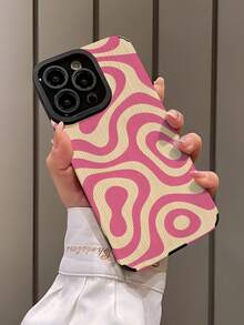 1pc Fashionable Retro Pink Wavy Striped Faux Leather Texture Shockproof Anti-Fingerprint Phone Case, Suitable As Birthday/Holiday Gift For Friends, Family, Couples, Compatible With Apple & Models - Multicolor - View 3