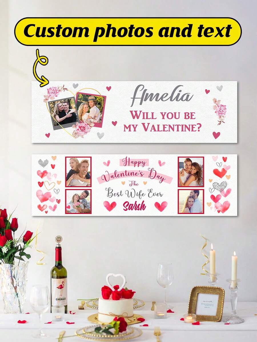 Personalized Custom Heart-Shaped Valentine's Day Banner ​ – Outdoor Yard Banner Featuring Custom Name/Text (E.G., "Amelia, Will You Be My Valentine?", "Sarah, The Best Wife Ever"). - Multicolor - View 1