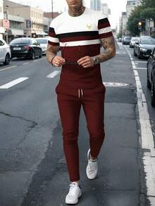 Men's Fashionable Printed Crew Neck Short Sleeve T-Shirt And Pants Set - Multicolor - View 3