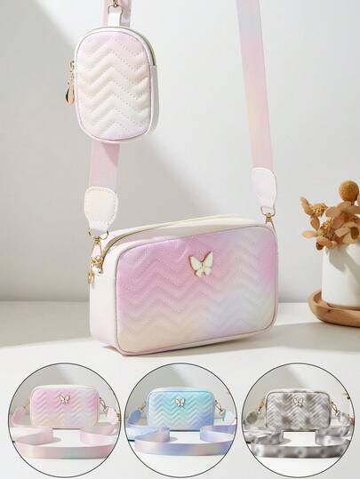 1pc Girls Mini Wavy Pattern Floral Crossbody Bag & Coin Purse Set, Fashion 2 Pieces, Random Ombre Color, Suitable For Various Occasions