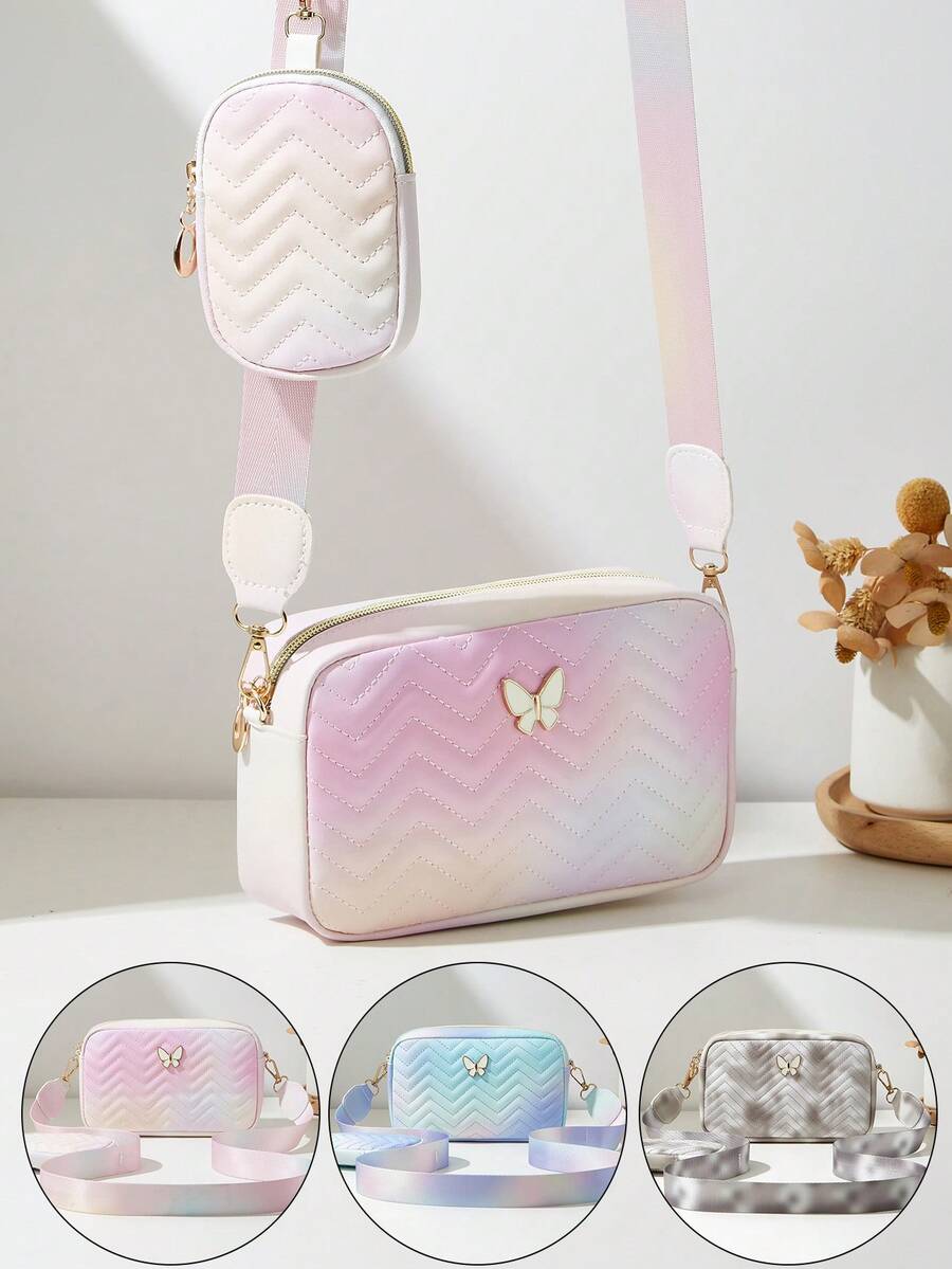 1 pieza Conjunto de bolso bandolera y monedero con patrón floral ondulado para niñas, 2 piezas de moda, color degradado aleatorio, adecuado para varias ocasiones - M2182 - Ver 1