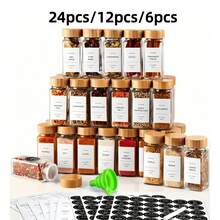 24pcs/12pcs/6pcs Square Glass Jar Set, Suitable For Barbecue Spices, Salt & Pepper Shakers, Seasoning Dispensers, Includes Wooden Lids, Labels And Brushes, Kitchen Organizer (Accessory Style Random) - Clear - View 1