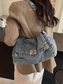 New Fashionable And Versatile Shoulder Bag Ins Crossbody Bag Shopping Bag Work Commuting Bag College Student Class Bag Slouchy Style Casual Tote Bag Japanese Minimalist Crossbody Bag Large Capacity Shoulder Bag - 藍色 - 查看 5