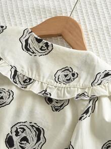 Set de 2 piezas con blusa de manga larga con cuello de volantes y estampado de mariposas + falda para niña