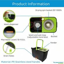 Spinning Mop And Bucket With Wringer Set For Home - 360 Spin Mop With Adjustable Handle And Bucket With Wheels - 1 Microfiber Mop Head - Mop And Bucket Set For Floor Cleaning At Home Office Hotel - 黑綠 - 查看 7