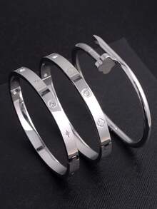 3pcs Zirconia Stainless Steel Women's Fashion Bracelet Set, 18K Gold Plated Stainless Steel Lucky Four-Leaf Clover Bracelet For Women, Suitable For Daily Wear, Gift For Girlfriend, Wife, Lover, Daughter, Female Friends - Silver - View 6