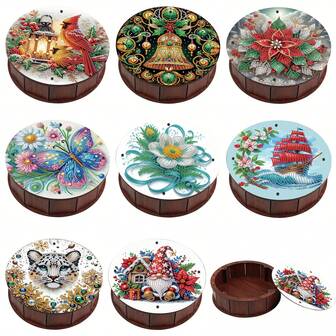 1 st/8 st diamantmålningsset - DIY kreativa blomma-, fjärils-, kardinal-, tiger-, gnom-, segelbåtsmönster med dammtät överdrag, 5D mosaikhantverkslåda, unik träkonstdekor, lämplig för heminredning, smycken, kosmetika, kontorsmaterial, snacksförvaring, jul, alla hjärtans dag, nyår, födelsedagspresent