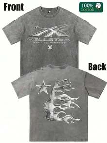 Men's Washed Printed T-Shirt With Star & Flame Design, Loose Casual Summer Cotton Tee, Adult Brown 100% Pure Cotton Round Neck Shirt, Breathable Avant-Garde Daily Wear, 100% Cotton Graphic Top ELII - Xám - Xem 11