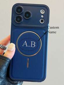 Customized Gold Name Carbon Fiber Magnetic Faux Leather Phone Case, Compatible With IPhone 17 Pro Max, 17 Pro, 17, 16, 15, 14, 13 Pro Max, Shock-Resistant Lens Protection - Blue - View 2