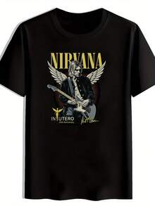 Camiseta gráfica de banda de rock para hombres - Cuello redondo de manga corta de inspiración vintage. Poliéster. Ropa Casual de Verano con Estampado de Guitarrista. Ideal para viajar. Fechas. Playa. Vacaciones. Regalo de festival. Camiseta de banda - Negro - Ver 7