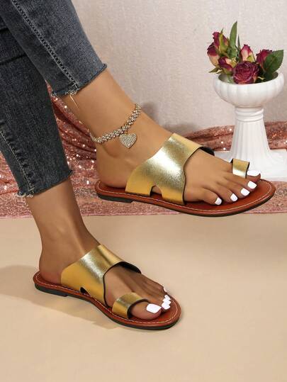 Dép xỏ ngón đế bằng cho nữ, dép đế bằng bằng da PU màu trơn kiểu đan chéo, dép mùa hè.