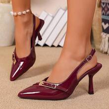 Giày cao gót nữ thanh lịch, gợi cảm, màu trơn, thích hợp đi làm, dự tiệc, chất liệu da PU, khóa cài, màu đen bóng, sandal gót thấp. - Màu Đỏ Sâu - Xem 17
