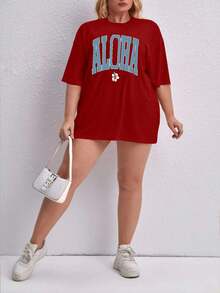 Oversized Printed Aloha Flower T-Shirt, Summer/Spring Short Sleeve Blouse, Lightweight Gym Wear - Red - View 4