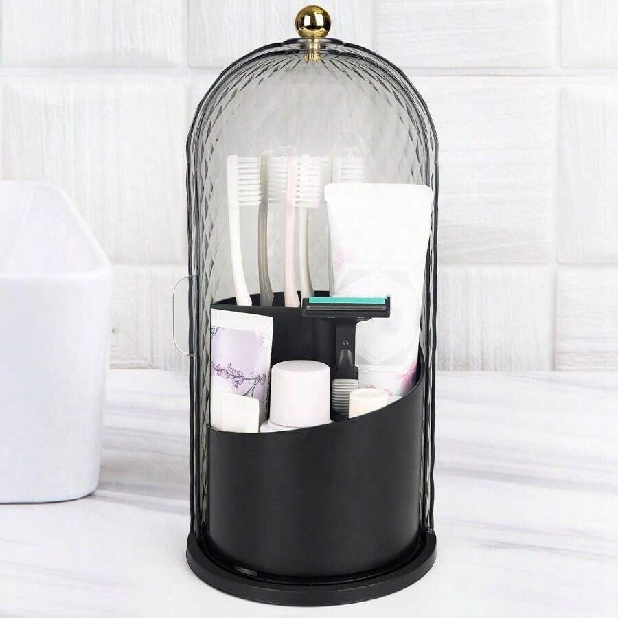 Toothbrush Holders With Sliding Lid, Rotating 3 Slots Bathroom Organizer Countertop, Tooth Brush Toothpaste Holder Bathroom Counter Stand Caddy Vanity Brushes Holder Black - 黑色 - 查看 1