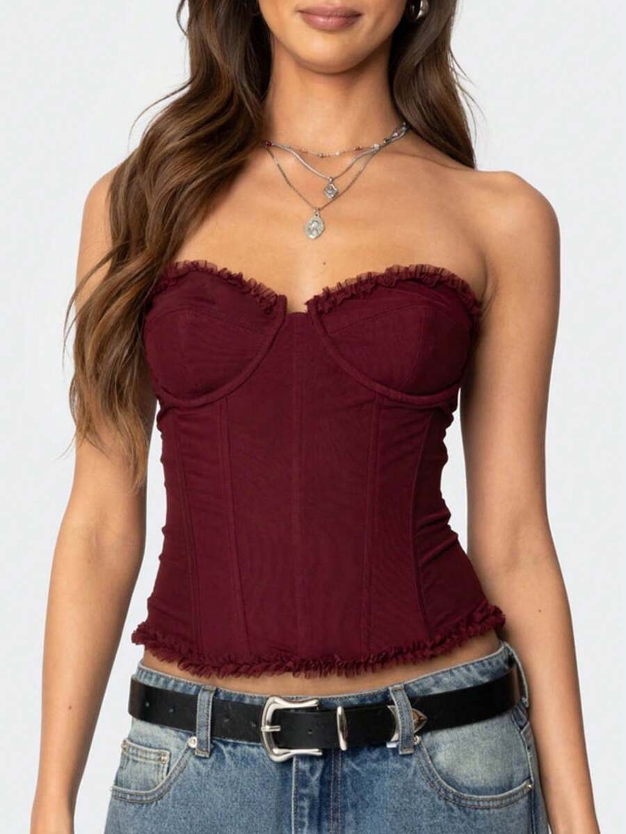 Women's Y2k Strapless Corset Tube Top Crop Tops Back Tie Backless Slim Fit Tank Tops Summer Going Out Tops Party Outfits Concert Tops New Years Tops - Màu Đỏ Sâu - Xem 1