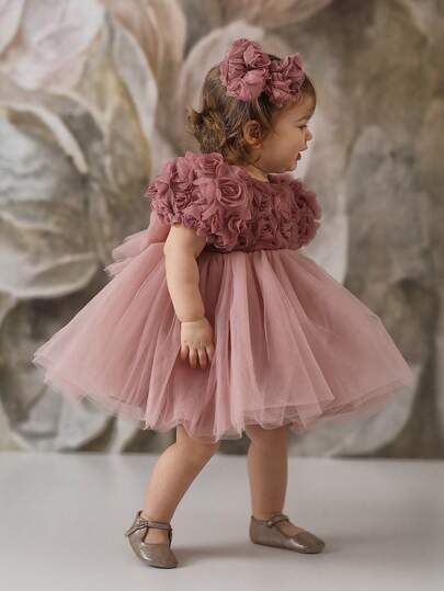Baby Girl 3D Floral Petal Sleeve Tulle Princess Dress, Suitable For Girls Birthday Party, Easter, Flower Girl Wedding, Holiday Celebration And Other Important Occasions