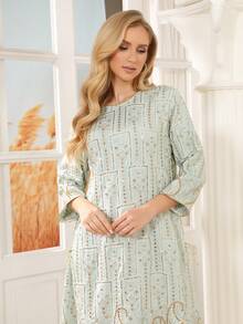 ASBB 重工刺繡金色亮片阿拉伯女款 JALABIYA 圓領金色領結綠色優雅洋裝，2026年秋季派對度假休閒穿著 - 薄荷綠 - 查看 3