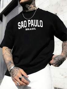 Camiseta gráfica de Sao Paulo, Brasil para hombres -% algodón, ajuste regular, cuello redondo con texto blanco en negrita; estampado geométrico. Tela Transpirable con Ligera Elasticidad para Ropa Casual de Verano - Negro - Ver 7