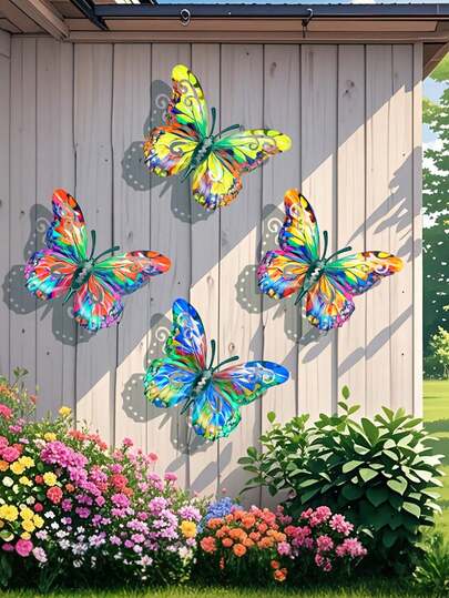 4pcs-Large Colorful Metal Butterfly Decoration, Outdoor Garden Wall Decoration Metal Butterfly Statue Wall Decoration, Suitable For Walls, Gardens, Patios, Living Rooms, Bedrooms, Terraces, Balconies, Outdoor Fence Art Decoration, Easy To Hang On Lawns And Fences, Valentine's Day And New Year Decorations, Ideal Gift For Family And Friends.