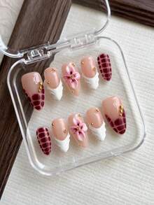 10pcs Almond Handmade Press On Nails, White Embossed French Tips, 3D Flower Carving, Snake Hand-Painted Design, 3D Gold Beads, Simple And Elegant Handmade False Nails, Suitable For Girls And Ladies' Daily, Holiday, Vacation, And School Nail Decorations, Comes With Jelly Gel And Nail File - Multicolor - View 3