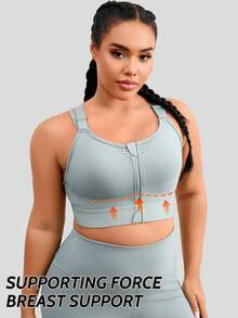 1pc Plus Size Women Sports Bra, Front Zipper Closure, Lift & Support, Casual Wear - Baby Blue - View 4