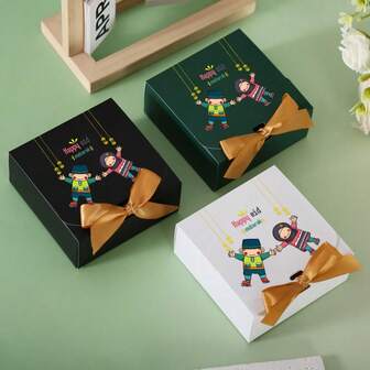 5pcs Luxury Cartoon Print Eid Mubarak Gift Boxes Square Hard Cardboard With Golden Bow Decoration Star Moon Design For Ramadan Eid Al-Fitr Muslim Party Favor And Gift Storage Supplies