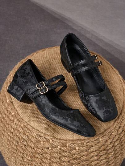 MonaNise أحذية نسائية ذات كعب مغطى بالقماش بارتفاع 3 سم، بتصميم ماري جين بكعب سميك، باللون الأزرق البحري المعدني والبرغندي والأسود، أحذية راقية