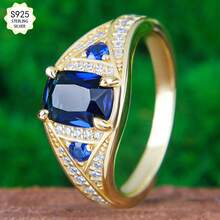 1pc New S925 Sterling Silver Synthetic Aquamarine Ring, Innovative Design, Luxurious, Super Shiny And Noble, Suitable For Proposal, Engagement, Wedding Anniversary, Birthday, Holiday Gift, Father's Day Gift, Suitable For Young Adults, Proposal Gift - Gold - View 6