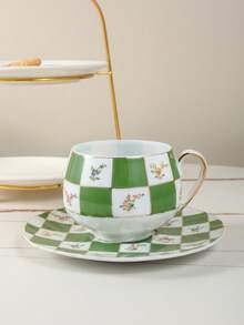 1pc Compact Coffee Cup And Saucer Set, Exquisite Plaid Pattern Couple Cups, Suitable For Home, Club, Cafe, Office - Multicolor - View 5